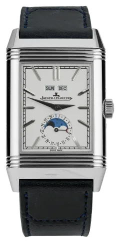Jaeger-LeCoultre Reverso Tribute Duoface Calendar Q3918420 — vue de face sur fond blanc, cadran blanc