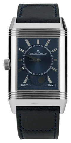 Jaeger-LeCoultre Reverso Tribute Duoface Calendar Q3918420 — vue de face sur fond blanc, cadran bleu