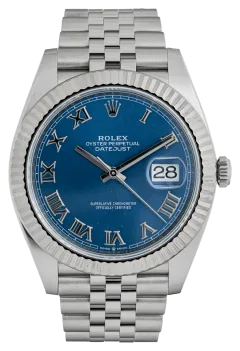 Rolex Datejust 41 126334 — vue de face sur fond blanc, cadran bleu